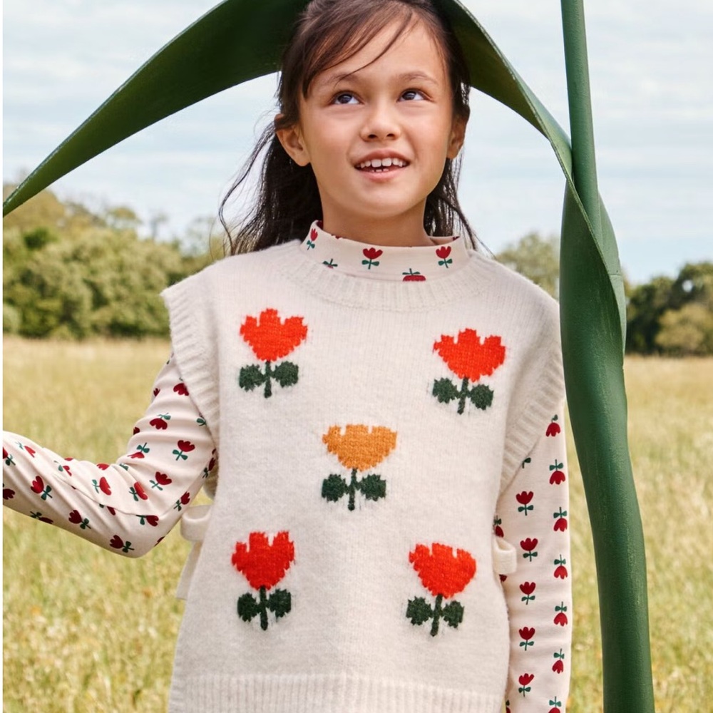 Hanna Andersson Cream Knit Vest with Red and Orange Flowers